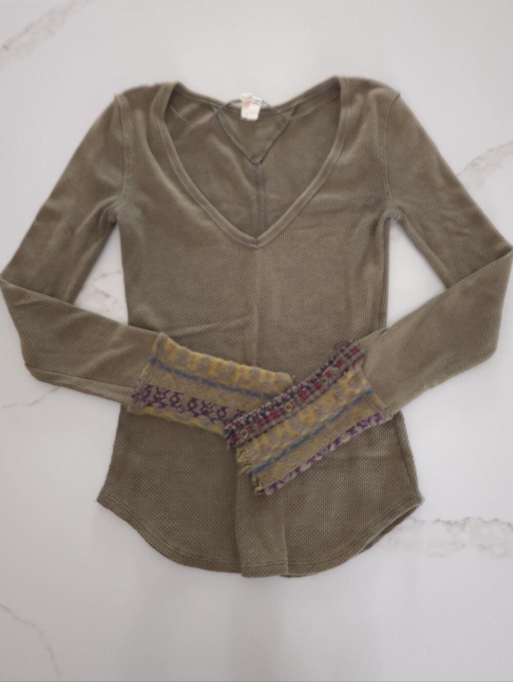 Free People Olive Long Sleeve V-Neck Top with Patterned Yellow & Purple Cuffs
